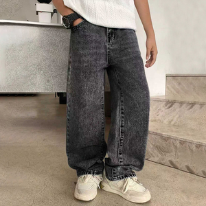 Jeans noirs pour adolescents de style minimaliste, style streetwear, denim ample, pantalon à jambes larges avec poches, vêtements décontractés pour enfants, sur commande - Product Image 1