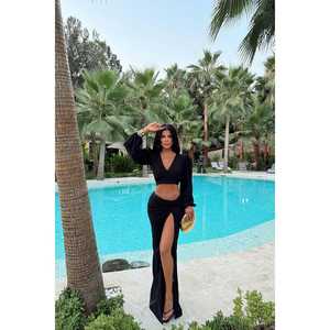 Ensemble deux pièces tricoté en spandex noir avec fente, style décontracté, taille XS – Short et haut court d'été - Product Image 6