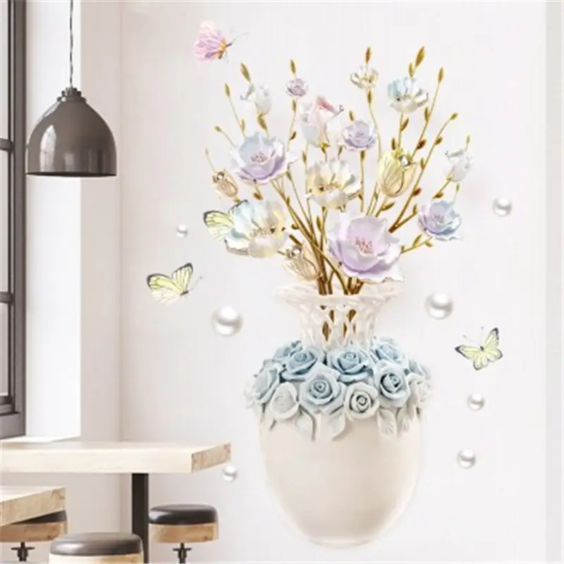 Light Blue Flowers Vase Wall Decal Colorful Flower Butterfly Wallpaper For Living Room Bedroom Chinese Style Home Decor Sticker