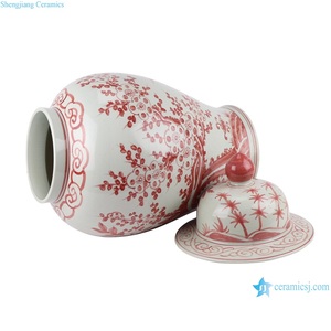 RZSX37 Flor de ciruelo rojo chino y pájaro Bambú Pintado a mano Frascos de jengibre con tapa Templo de cerámica Corriendo Altar - Product Image 5