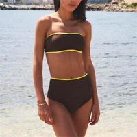 Ensemble de bikini bandeau personnalisé à contraste marron chocolat et jaune, short de surf, maillot de bain deux pièces pour filles, tenue de plage