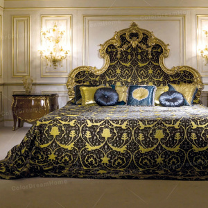 Camera da letto in stile barocco francese Queen Size in legno nero oro classico letto intagliato e comodino per palazzo - Product Image 3