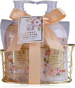 Ensemble de douche pour femmes de marque privée, miel et jasmin dans un beau panier en fil métallique-<span class=keywords><strong>Coffret</strong></span> cadeau de bien-être pour anniversaire, Saint-Valentin - Product Image 5