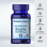 Capsules de biotine certifiées halal OEM personnalisées 10000mcg 500mg pour la croissance des cheveux, les soins de la peau et le renforcement des ongles chez l'adulte