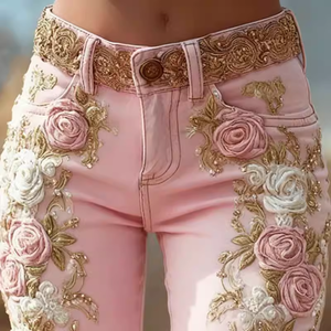 <span class=keywords><strong>Jeans</strong></span> de Mezclilla Vintage Y2K para Mujer, Cintura Alta, Rotos, con Bordado Floral Rosa, Estilo Holgado, Pantalones <span class=keywords><strong>Mom</strong></span>, Ropa Urbana de Verano - Product Image 2
