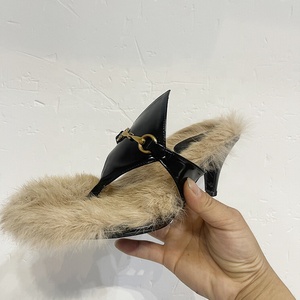 Low Heels Women <b>Clip</b> Toe Fluffy Fur Slides Dress on Metal Decor Thong Sandals Fashion Summer Slippers Shoes Size 43 - Product Image 4