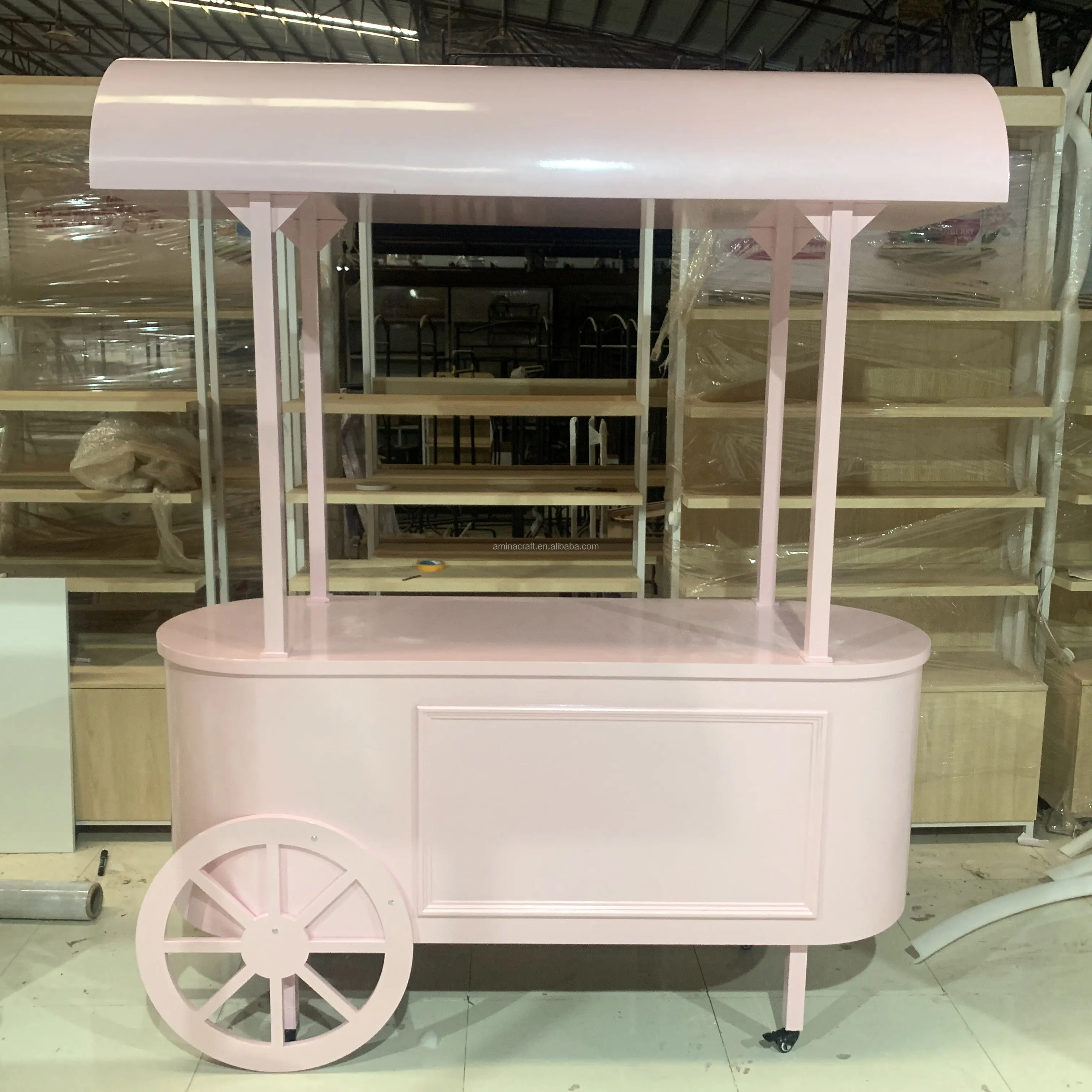 Amina Craft Custom hot sale pink wooden candy cart wedding decoration cake display stand