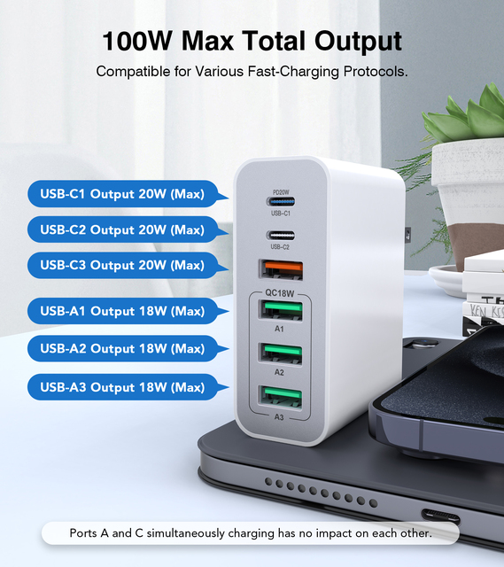 Hot Selling 100W 6 Port USB C Charging Station 2USB-A+4Type-C Fast Desktop Charger Adapter for iPhone Tablet Macbook Laptop