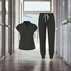 <b>Women</b> <b>Black</b> Scrub Set Polyester Knitted Short Sleeve Top Jogger <b>Pants</b> Hospital Uniforms - Product Image 2