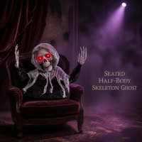 Squelette fantôme assis dynamique pour Halloween SIPKLR de 1 m avec yeux rouges lumineux et effets sonores effrayants