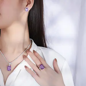 S925 Full Body Silver High Carbon Drill Purple Sapphire Gemstone Pendant Necklace/Ring/Earrings Jewelry