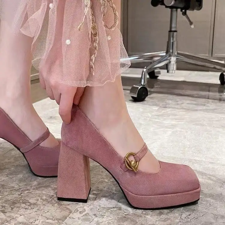 Suede Women's 2023 Spring Summer New Fashion Thick Heel Single Shoes Shallow Mouth Square Toe Retro Fashion Shoes