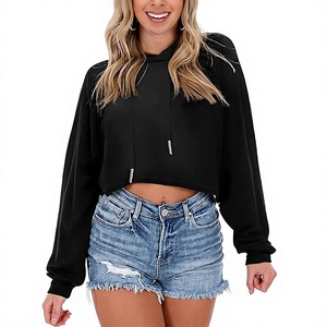Wholesale Trendy Cropped <b>Hoodie</b> Blank <b>Plain</b> Drop Shoulder Women Crop Top Sweatshirt Custom Streetwear <b>Black</b> Hooded Pullover - Product Image 1