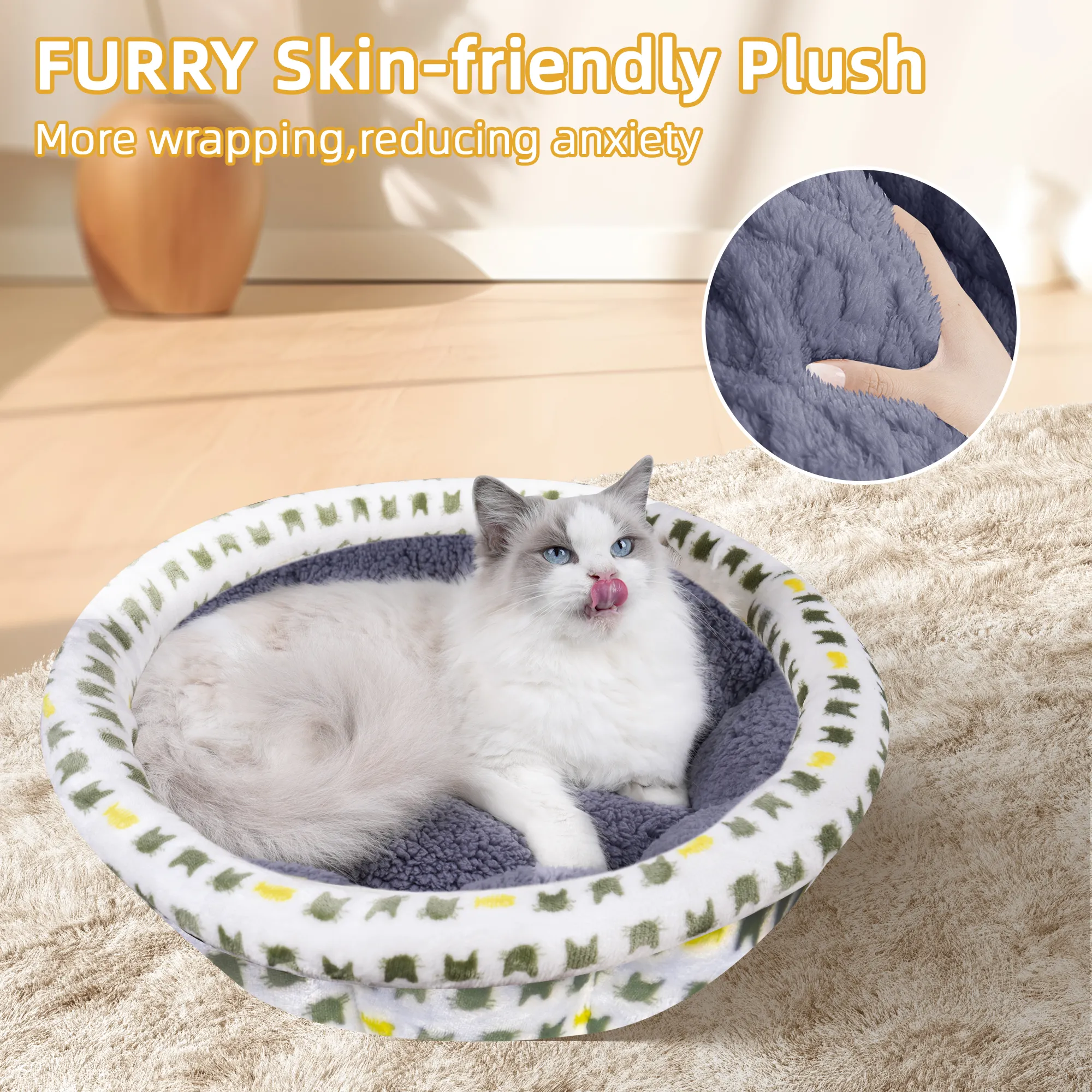 수제 디자이너 격자 무늬 라운드 애완 동물 침대 럭셔리 소프트 럭셔리 플러시 고양이와 개 침대 통기성 및 도매