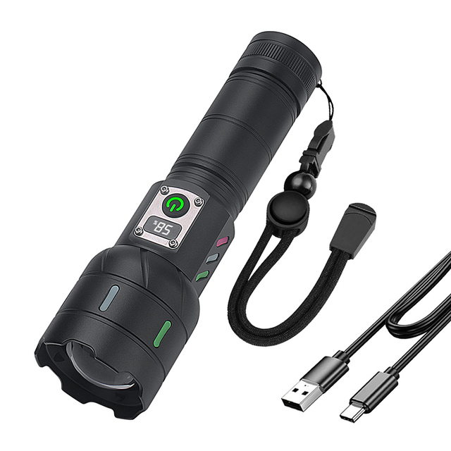 A15 1200LM Long Range Flashlight 500M Zoomable Tactical Light with Type-C Charging & Digital Display