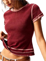 T-shirt court côtelé vintage pour femme, bord festonné vert contrastant, manches courtes, style Y2K, coupe ajustée, décontracté, streetwear d'été