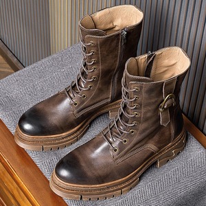 Zapatos de hombre de invierno, de cuero genuino, negros, versátiles, de media caña, estilo motociclista, botas de tendencia de estilo retro de alta gama. - Product Image 2