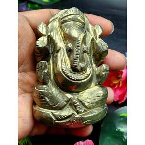 Sculpture artisanale de Ganesh en pierre de pyrite - Figurine de l'Idole du Seigneur Ganesha en cristaux et pierres précieuses - 3 pouces et 370 grammes - UN EXEMPLAIRE - Product Image 1
