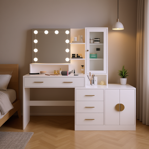 Moderna Scrivania per Trucco Bianca con Specchio Illuminato a LED, Cassetti e Ripiani Portaoggetti Modello D0100HAM9BV - Product Image 2