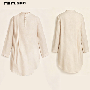 <b>Men</b> Cream Cotton Linen Kurta Henley Neck Pintuck Pleat Curved Hem Long Sleeve Loose Mid-Length Islamic Casual Modest Shirt - Product Image 3