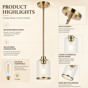 Modern Gold Brass Glass <strong>Small</strong> LED Pendant <strong>Light</strong> 360 Beam Angle Clear <strong>Shade</strong> E26 Hanging Lamp for Kitchen Island Dining Room Bar - Product Image 3