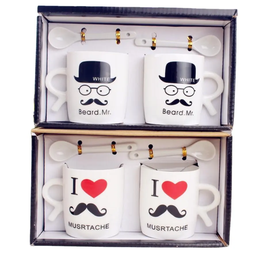 Relatiegeschenk Servies Keramische Cup Gift Zwarte Baard Afdrukken Paar Witte Mok Set