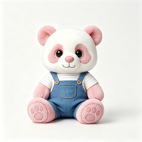 Peluche Panda Blanc Adorable avec Oreilles Roses, Jolie Poupée Panda Rembourrée Portant une Chemise et un Salopette en Jean Bleu, Peluche Panda Douce