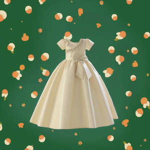 Nuevo Vestido Maxi de Satén de Lujo para Niñas, Estilo Princesa con Cuello Redondo y Perlas, Estilo Dulce para Niñas, Color Café - Product Image 3