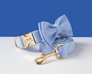 Ensemble en velours côtelé bleu, personnalisé avec nom, collier de chiot garçon personnalisé et laisse pour chien fille - Product Image 4