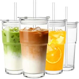 Venta al por mayor directa de fábrica: Vaso de vidrio de 20 oz, transparente y acanalado, a prueba de fugas, reutilizable para café helado y té boba, con tapa y pajita - Product Image 6