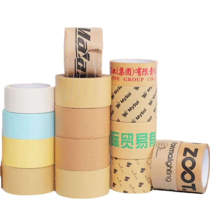 Custom Printed Logo Black Brown Water Activated Gummed Reinforced Self Adhesive Fragile Packing Kraft Paper Tape