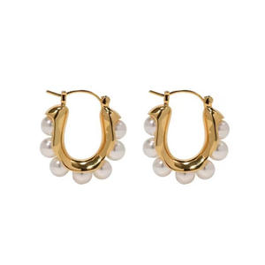 Earings Vintage <b>French</b> U-Shaped Alloy Pearl Hoop Earrings for Women 18K Gold Plated Retro Fashion Jewelry - Product Image 5