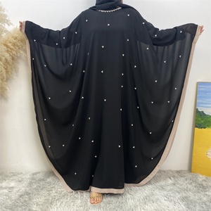 6763# Eid Lightweight Chiffon 2 PCS <b>Set</b> Chic Border Batwing Sleeves Classy Pearls With Belt Inside Match Hijab Abaya Dress - Product Image 2
