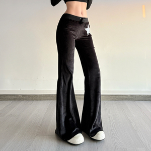 Pantalon de sport décontracté pour femme, coupe ample, patchwork en velours, devant plat, volants, style Y2K, jambe évasée basse, fermeture à cordon de serrage, écoresponsable - Product Image 5