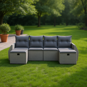 Conjunto de Sofá Modular de Jardín en Poliratán Gris con Estructura de Acero, Muebles de Exterior para 4 Personas, Diseño Contemporáneo - Product Image 2