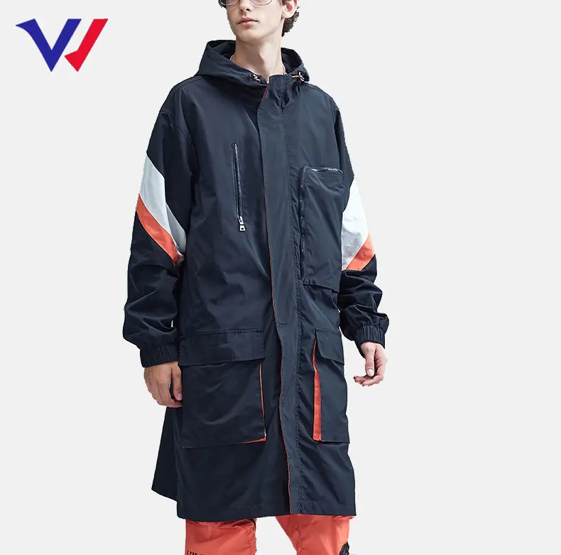 Custom color block zip up jackets men winter black waterproof long rain 100% polyester jacket coat