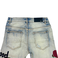 Jeans Y2K Vintage Hip Hop High Street en Denim Épais, Coupe Slim, Effet Usé, Délavé à la Pierre, Broderie Rose et Broderie de Lettres