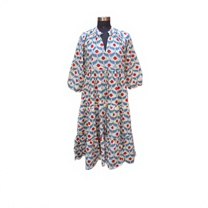 Robe midi décontractée pour femme, faite à la main, col en V, respirante, lavage à sec, coupe ample, motif floral imprimé, 100% coton naturel - Product Image 1
