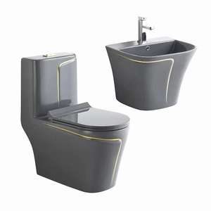 Conjunto de Louças Sanitárias Cerâmicas Montadas no Chão na Cor Cinza para Banheiro, Vaso Sanitário em Uma Peça com Lavabo Suspenso - Product Image 4