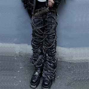 بنطلون بنطلون عالي الجودة للرجال نحيف مشتعل بشعار مخصص مكدس فضفاض ضمادة استغاثة ممزق أسود جينز للرجال - Product Image 3