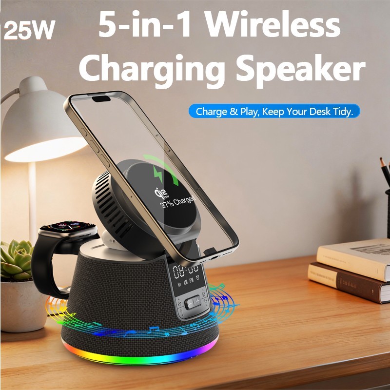 <strong>Cool</strong> New Gadgets Gift Rgb Breathing Light Turbo ICE Cooling Fan LED Alarm Clock Magnetic BT Speaker 5 in 1 Wireless Charger 25W