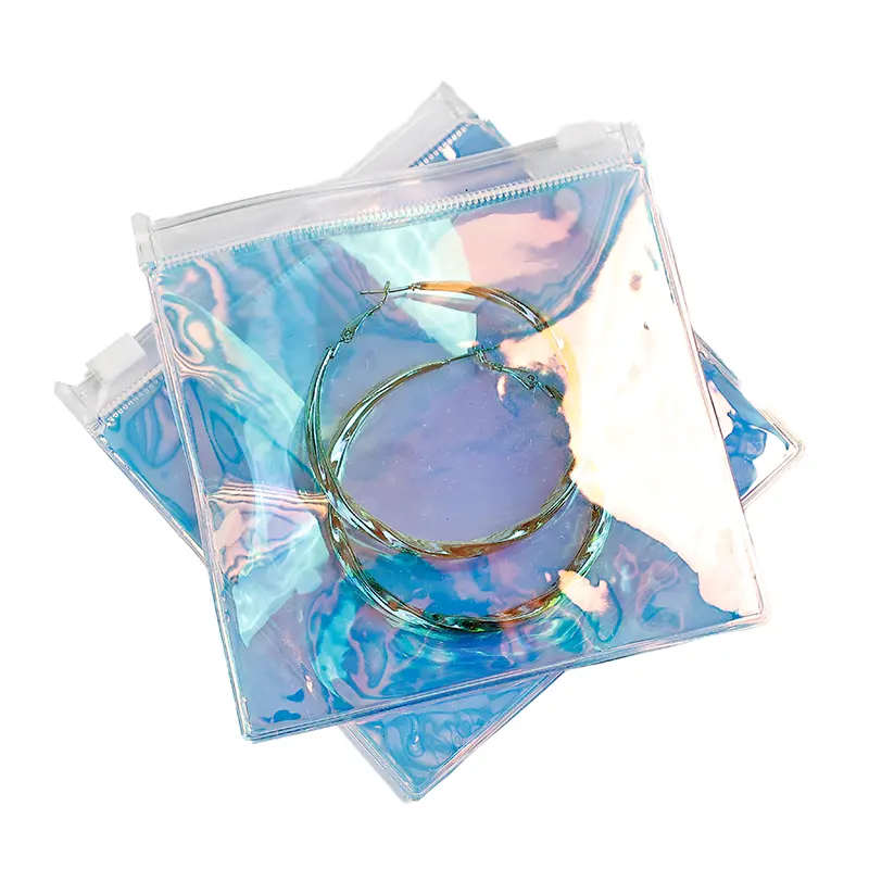 Luxury Holographic Packaging Bags With Custom Logo Reusable Laser Plastic Zip Lock Bag For Cosmetic