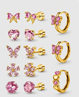 Juego de Aretes de Aro de Acero Inoxidable con Baño de Oro y Circonitas, Diseño de Mariposa, Corazón y Flor, Joyería para Piercing de Cartílago, Regalo para Mujer