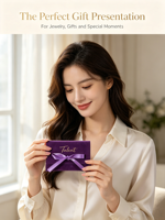 Pochette à bijoux en velours violet avec logo doré personnalisé, ruban et nœud, sac cadeau enveloppe pour mariage, collier, boucles d'oreilles, bague
