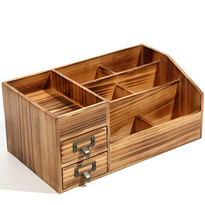 Wooden Desktop <b>Storage</b> <b>Box</b> With <b>Drawer</b> Organizers For Living Room Office Desk Accessories Burnt Color Rectangle Shape JLD2177 - Product Image 5