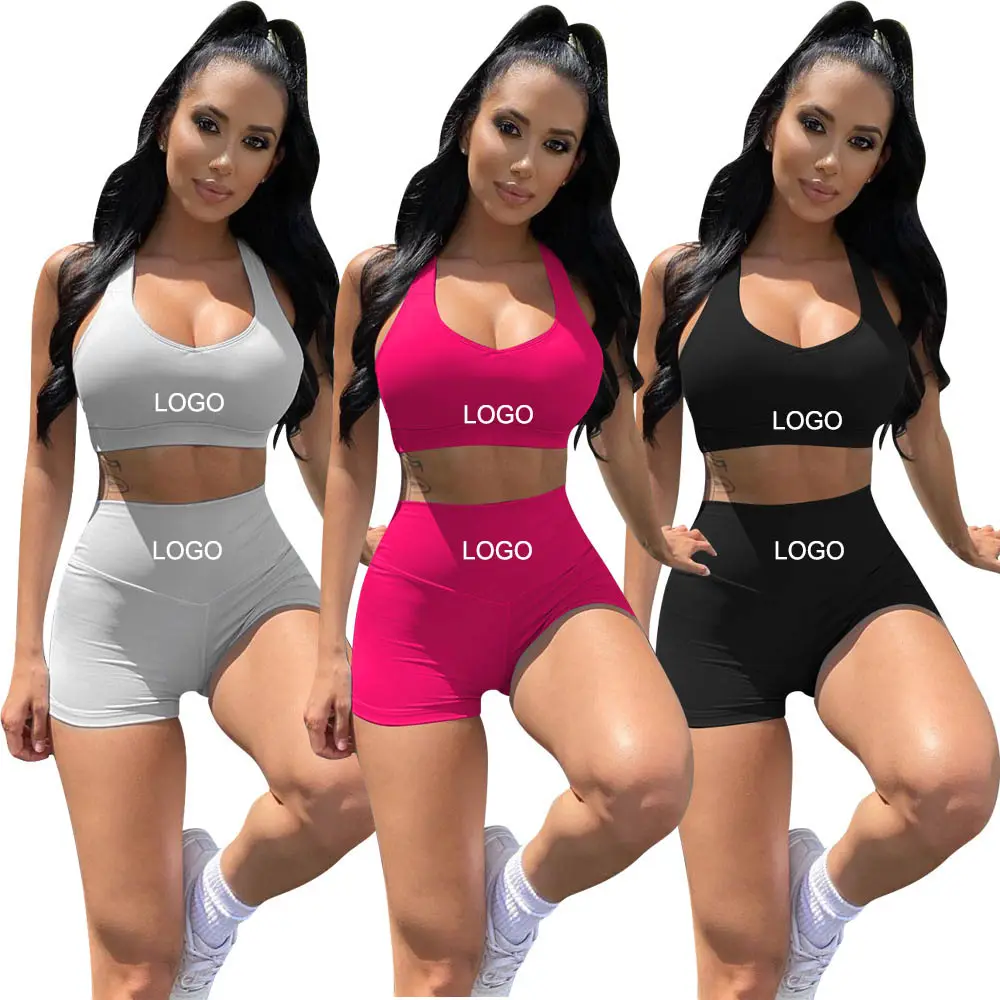 Custom Women Clothing 2 Piece Short Set Sexy Solid Bodycon Matching set Women Casual Crop Top Outfit Bike Short Set 2022 Summer