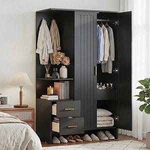 Armoire moderne SENYU avec portes shaker et poignées en laiton, 2 tiroirs, meuble de rangement pour chambre à coucher - Product Image 2