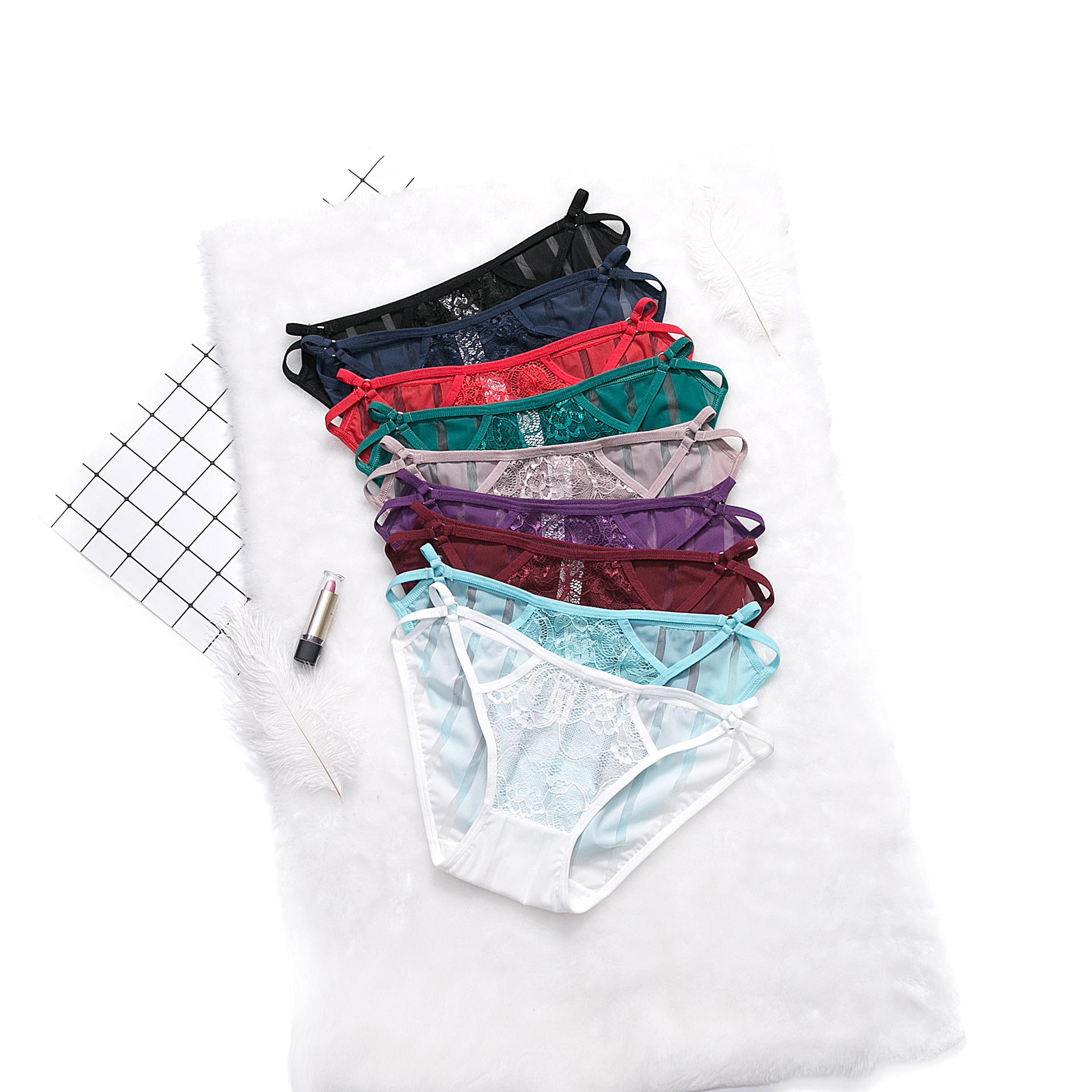 New Women's Low-Rise Lace Sexy Ice Silk Stripes Underwear Plus Size Low-Waist Thongs G-Strings Traceless Nylon Thin Plain Dyed