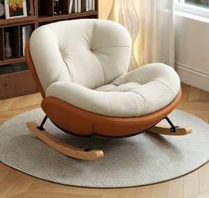 Fauteuil à bascule moderne capitonné avec repose-pieds, revêtement en cuir PU crème et bleu, design rond pour salon - Product Image 2