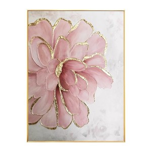 Hand Painted Oil Painting <b>Pink</b> Flower Gold Foil 3D Effect Metal <b>Frame</b> Abstract Art Wall Decor For Living Room Or Dining Room - Product Image 5